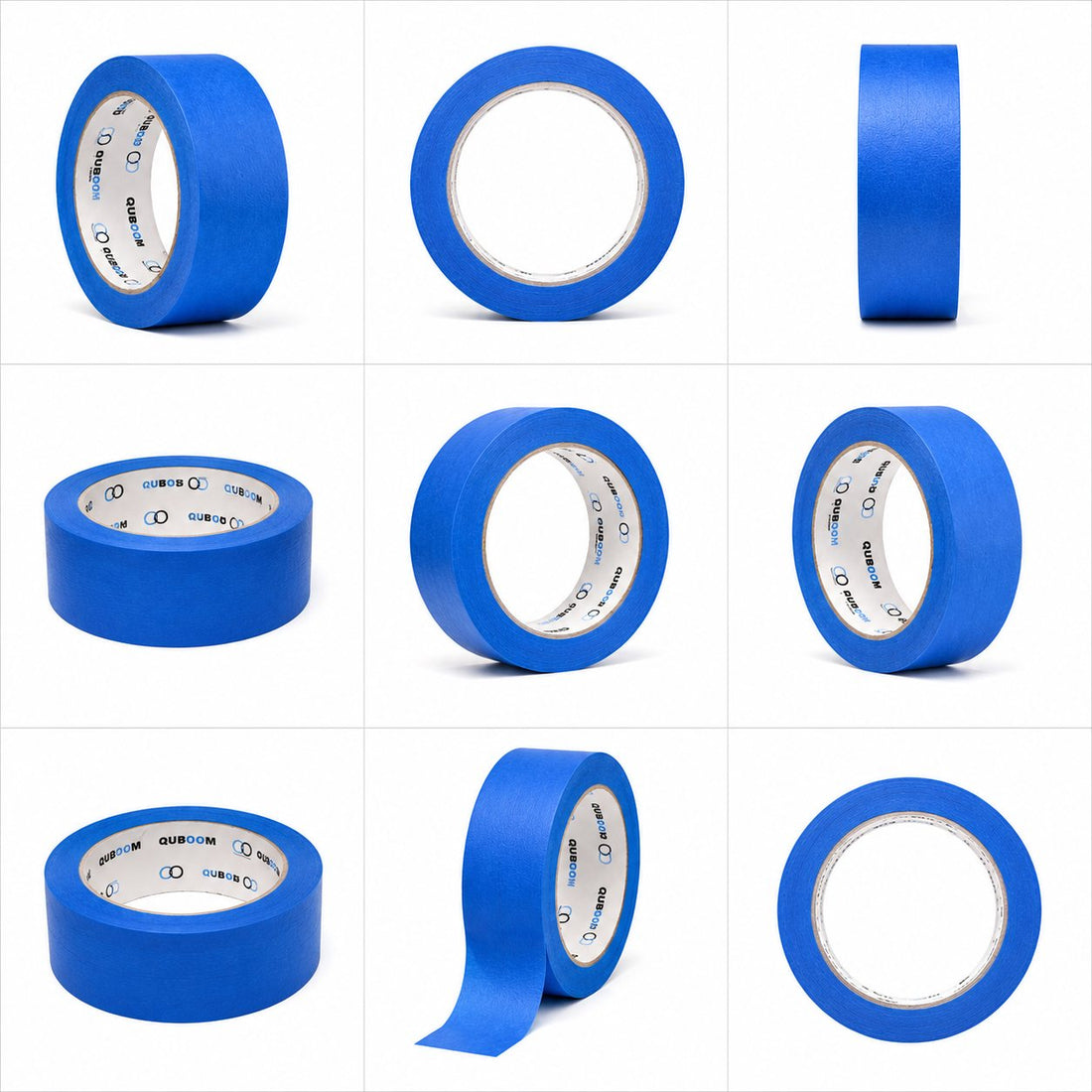 One roll of blue tape seen from nine angles