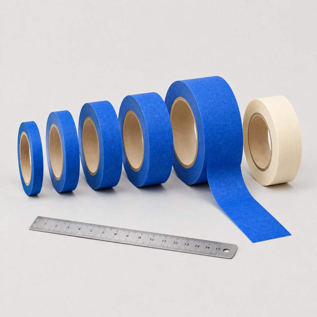 Blue masking tape rolls in five widths and one cream roll, next to a steel ruler