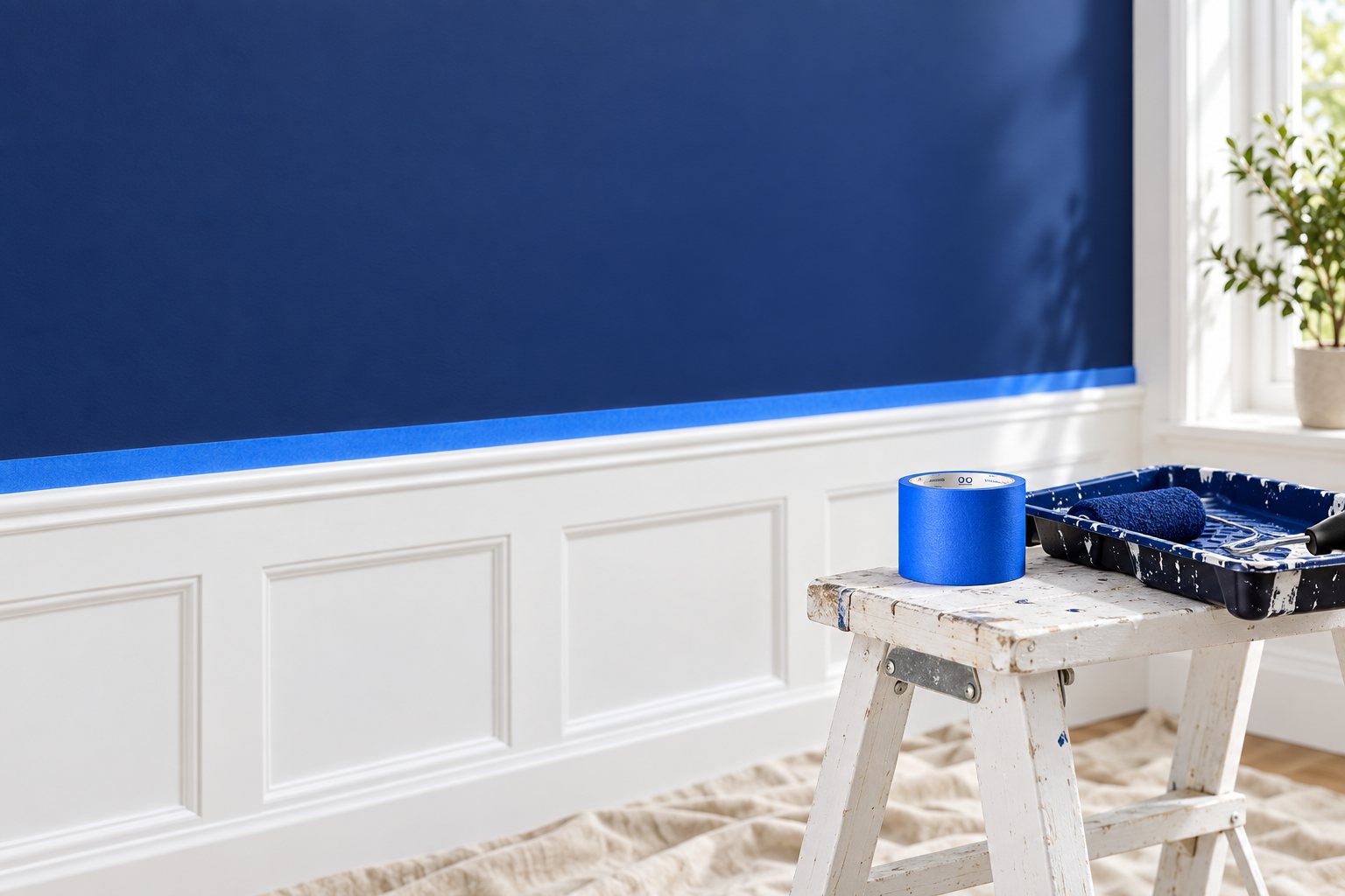 Blue painter's tape on a navy wall above a white baseboard