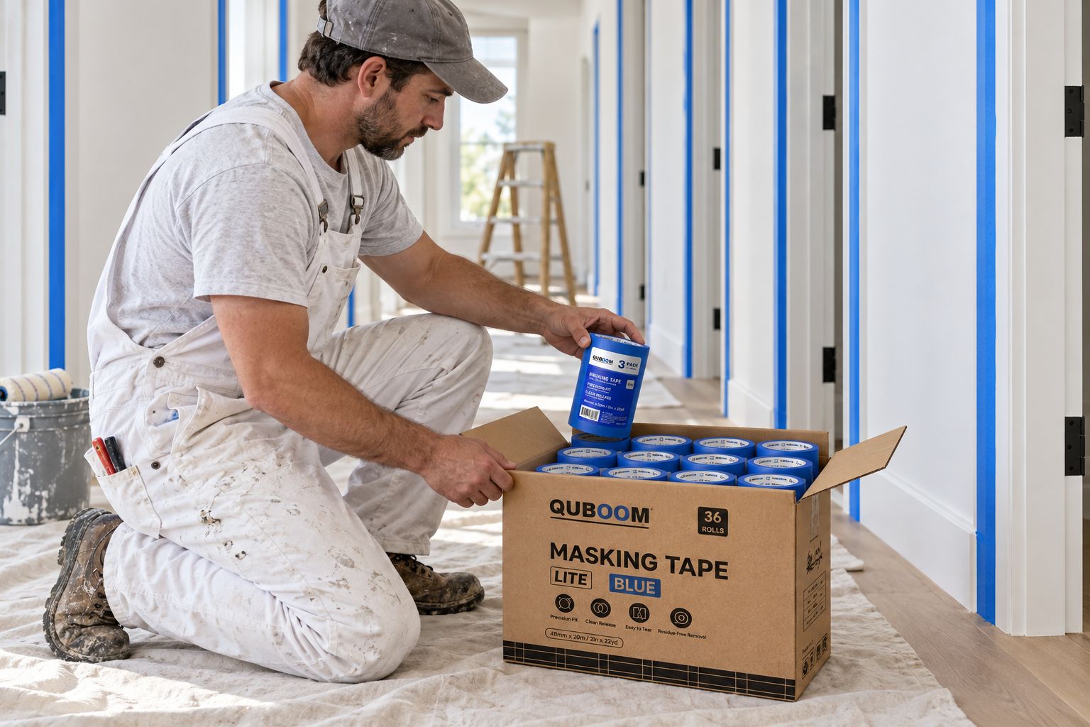 A painting contractor taking a 3-pack out of a 36-roll Quboom case in a hallway with taped door frames