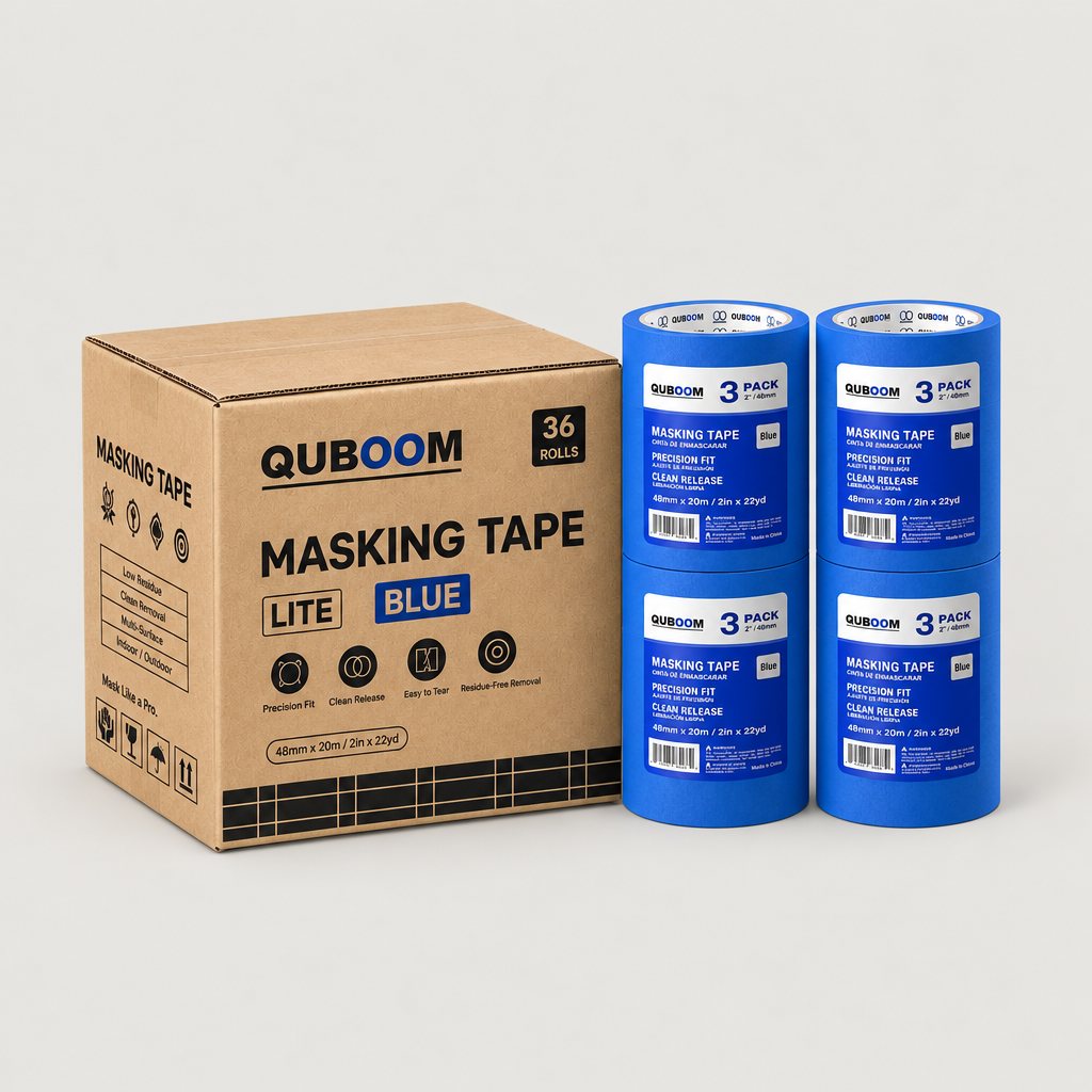 A 36-roll shipping case beside four 3-packs of Quboom blue tape